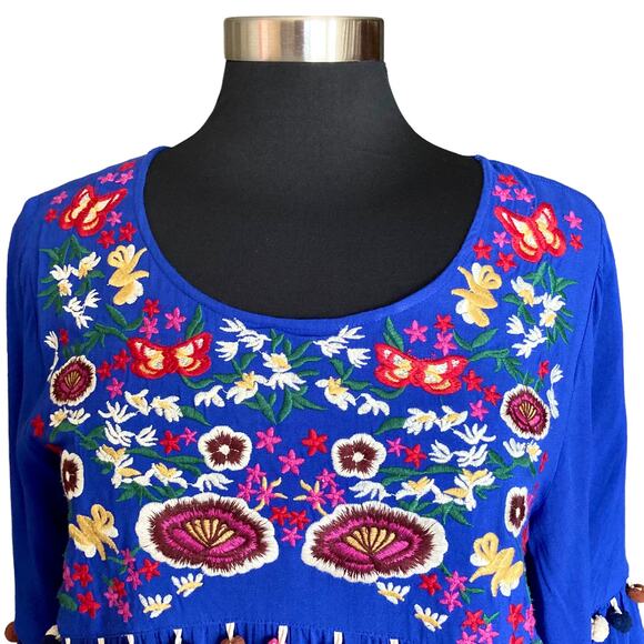 JODIFL Cobalt Blue Boho Top Multicolor Floral Embroidery & Pompom Trim Sz Medium - Picture 2 of 9